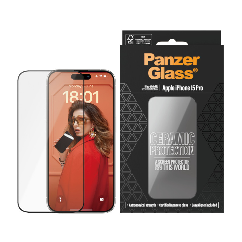 Стъклен протектор PanzerGlass за iPhone 15 Pro, Ceramic Protection, UWF, Черен