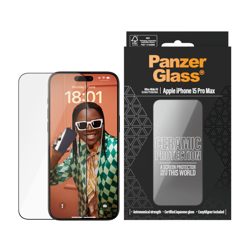 Стъклен протектор PanzerGlass за  iPhone 15 Pro Max, Ceramic Protection, UWF, Черен