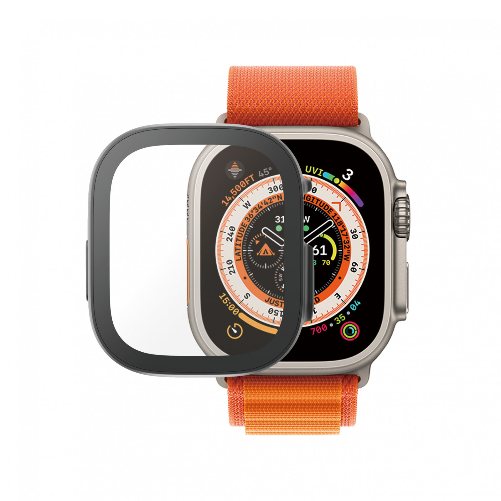 Стъклен протектор за часовник със силиконова рамка PanzerGlass за Apple watch Ultra, 49mm, AntiBacteria - Черна рамка