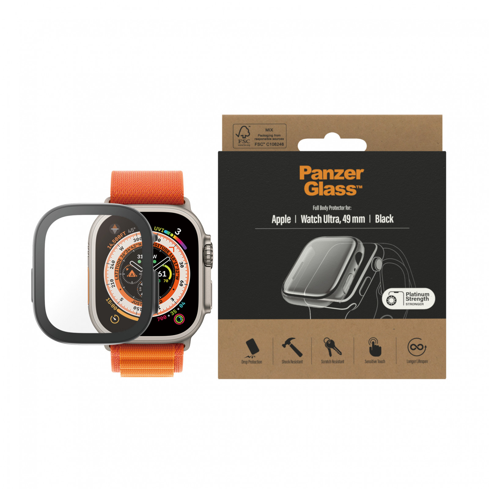 Стъклен протектор за часовник със силиконова рамка PanzerGlass за Apple watch Ultra, 49mm, AntiBacteria - Черна рамка