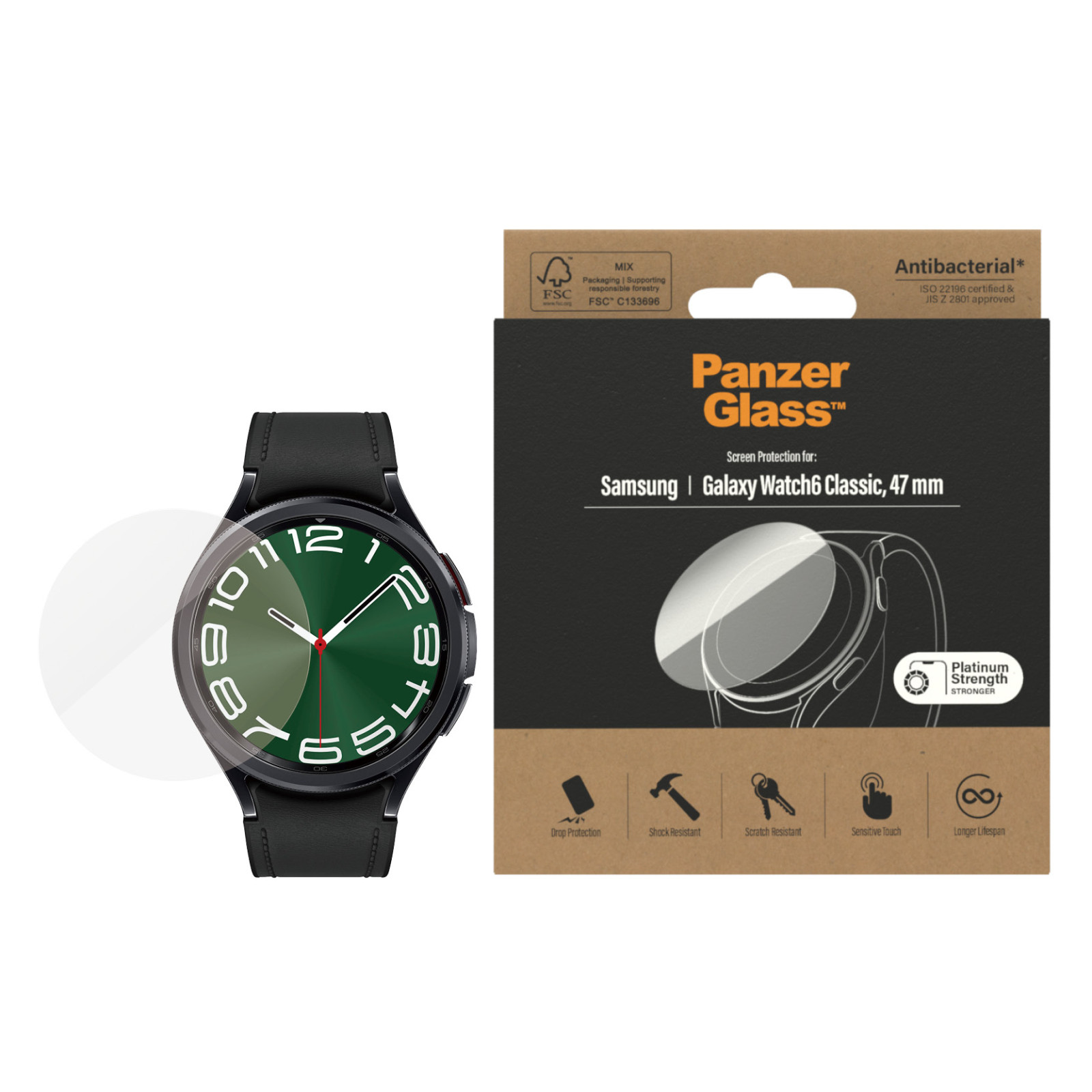 Стъклен протектор PanzerGlass за часовник Samsung Galaxy Watch 6 Classic , 47 mm, Antibacterial, Прозрачен