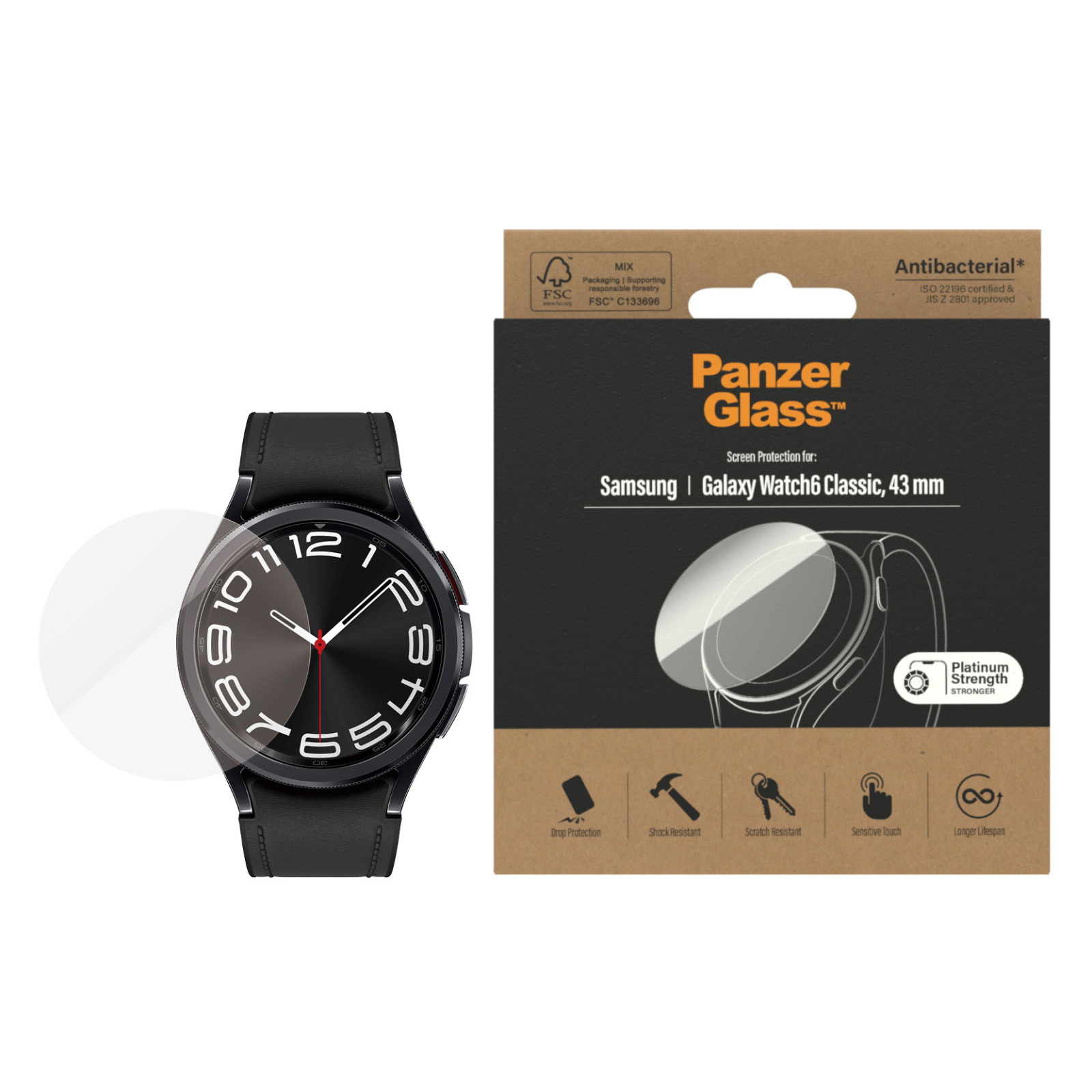 Стъклен протектор PanzerGlass за часовник Samsung Galaxy Watch 6 Classic , 43 mm, Antibacterial, Прозрачен