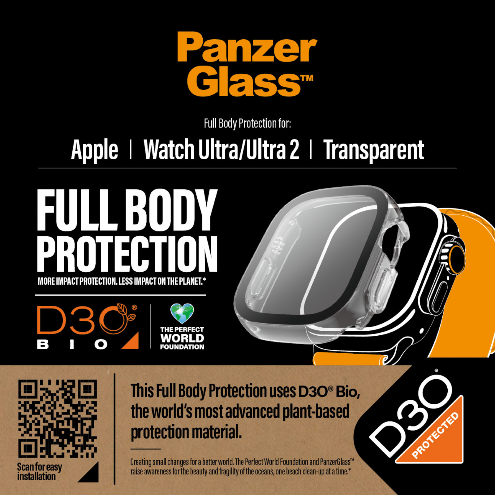 Стъклен протектор за часовник със силиконова рамка PanzerGlass за Apple watch Ultra, Ultra 2, 49mm, D3O Bio- Прозрачна рамка