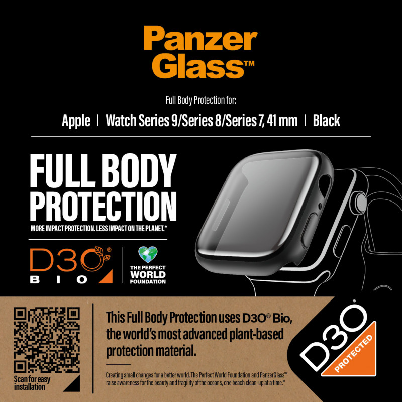 Стъклен протектор за часовник със силиконова рамка PanzerGlass за Apple watch Series 8 / Series 7, Series 9,  41 mm, D3O Bio - Черна рамка рамка
