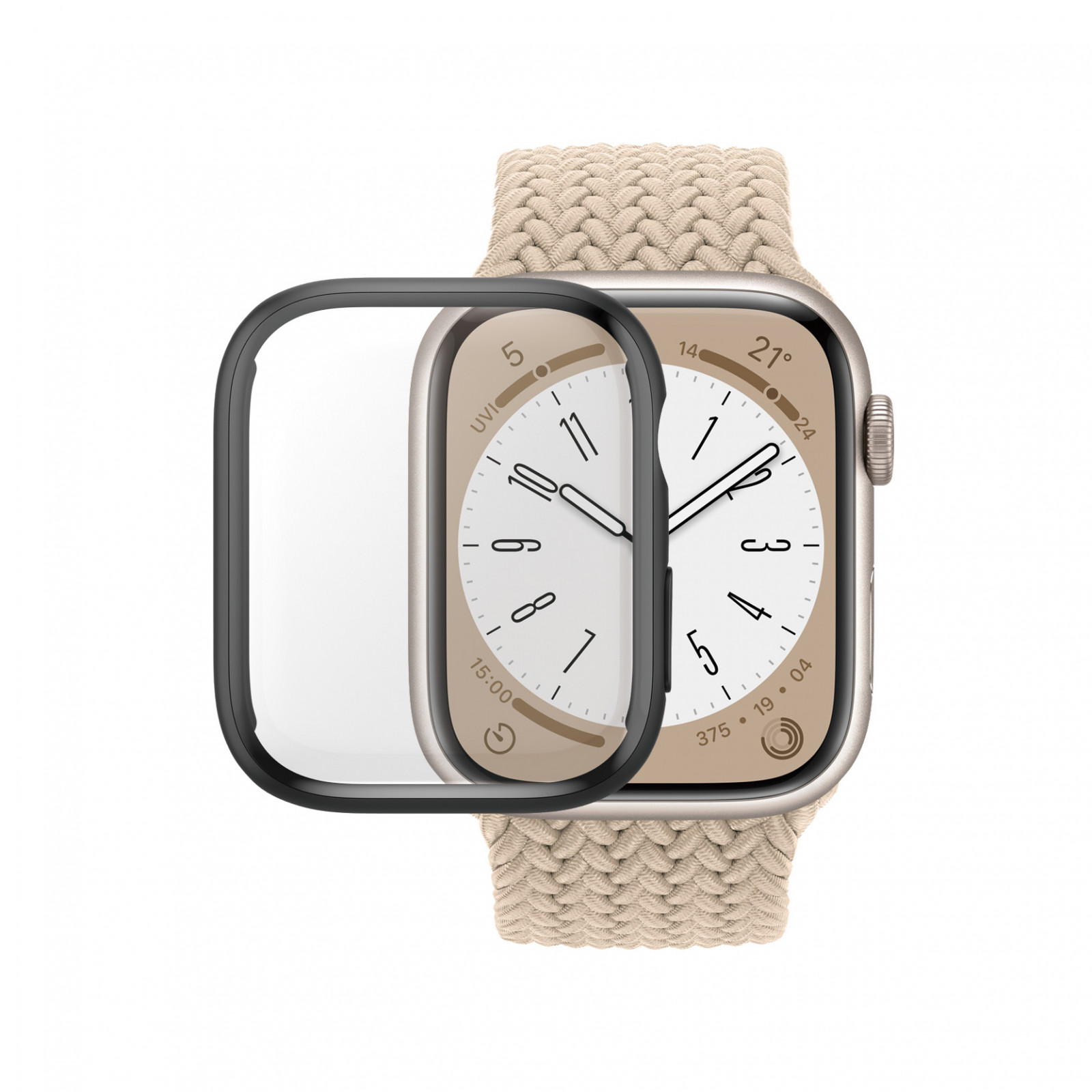 Стъклен протектор за часовник със силиконова рамка PanzerGlass за Apple watch Series 8 / Series 7, Series 9,  45 mm, D3O Bio - Черна рамка,