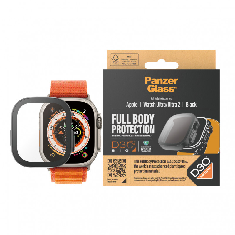 Стъклен протектор за часовник със силиконова рамка PanzerGlass за Apple watch Ultra, Ultra 2,  49mm, D3O Bio- Черна рамка