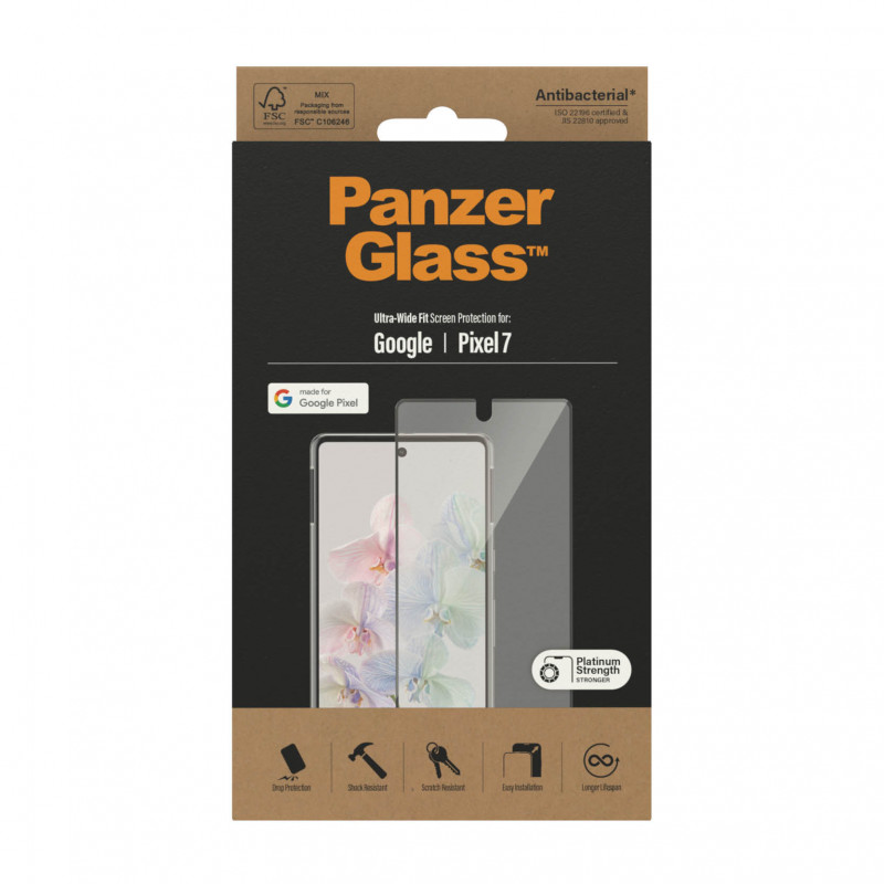 Стъклен протектор PanzerGlass за Google Pixel 7, UWF, Antibacterial - Черен