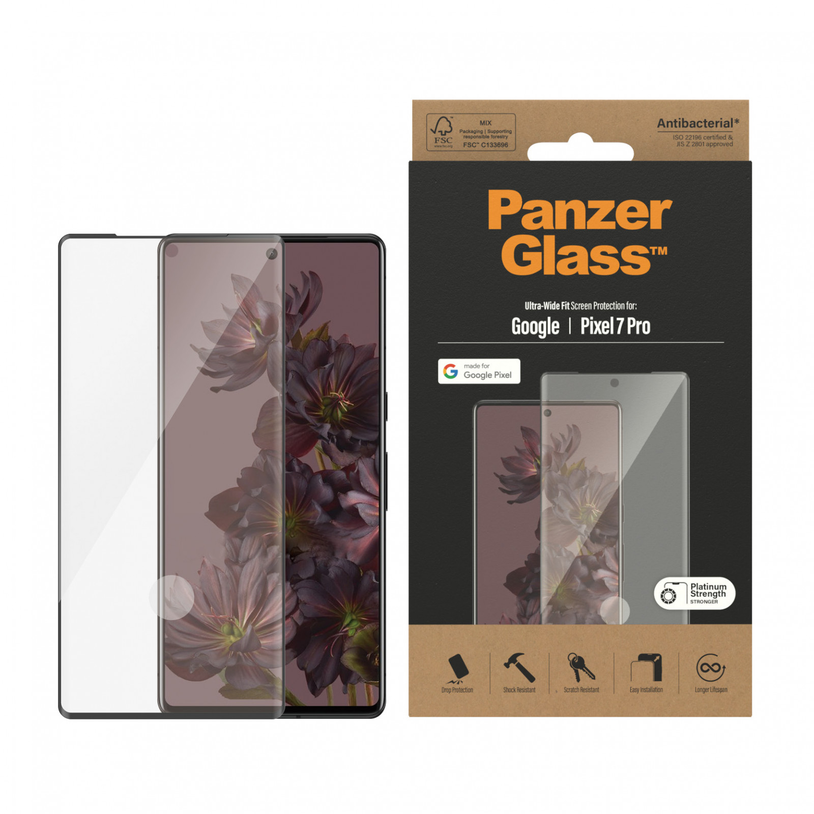 Стъклен протектор PanzerGlass за Google Pixel 7 Pro FP, UWF, Antibacterial - Черен