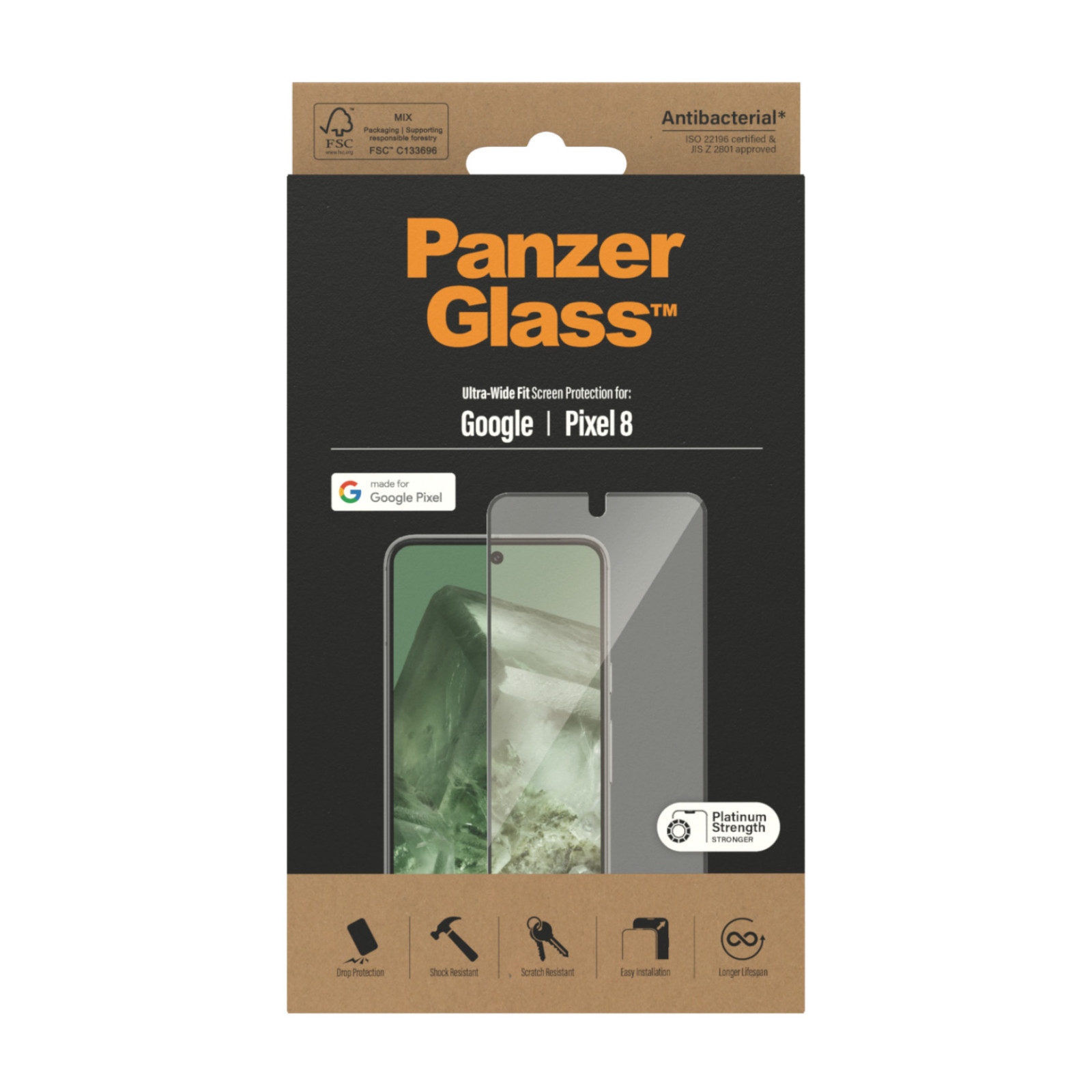 Стъклен протектор PanzerGlass за Google Pixel 8, UWF, Antibacterial, Черен