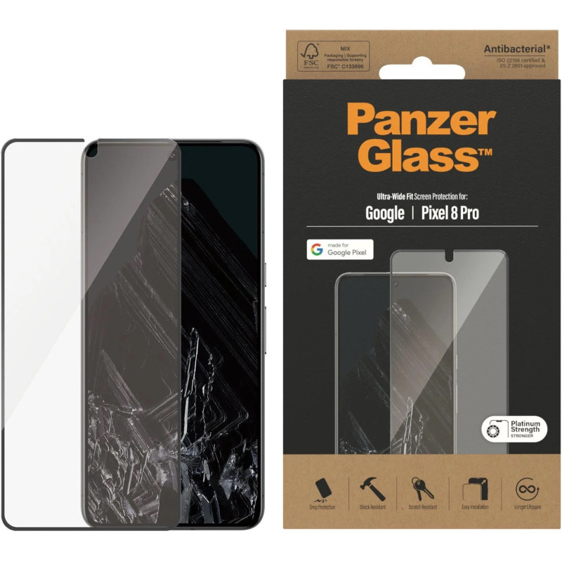 Стъклен протектор PanzerGlass за Google Pixel 8 Pro, UWF, Antibacterial - Черен