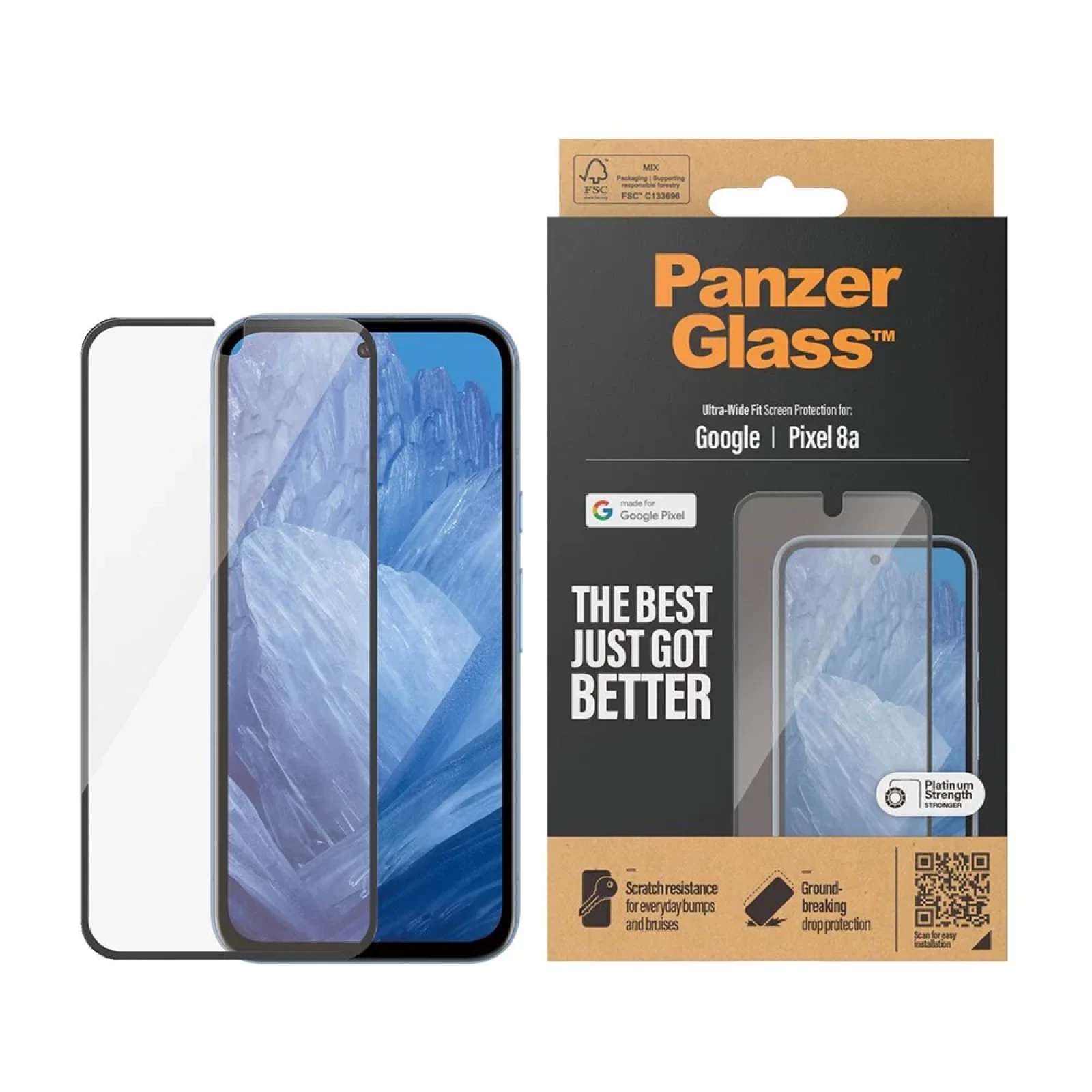 Стъклен протектор PanzerGlass за Google Pixel 8a, UWF, Antibacterial - Черен