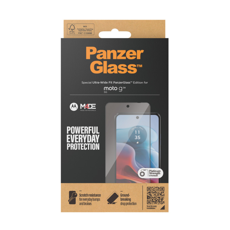 Стъклен протектор PanzerGlass за Motorola, Moto G34 5G, UWF, Черен
