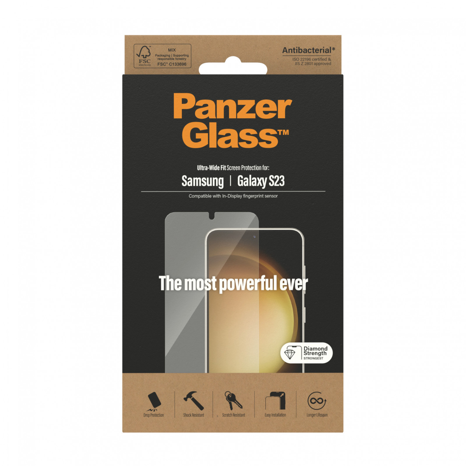 Стъклен протектор PanzerGlass за Samsung Galaxy S23 FingerPrint, CaseFriendly, AntiBacterial - Черен