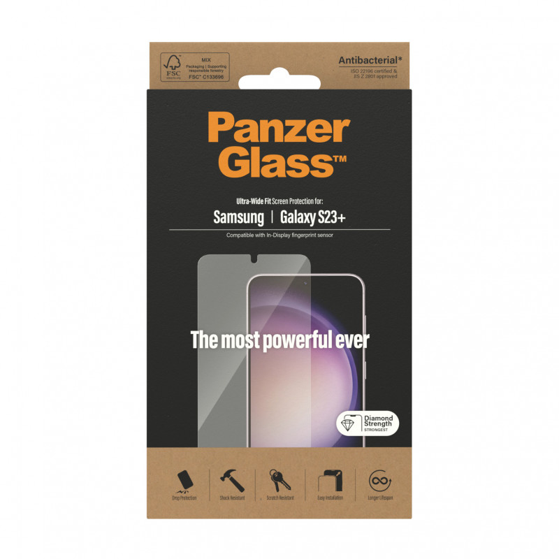 Стъклен протектор PanzerGlass за Samsung Galaxy S23 Plus FingerPrint, CaseFriendly, AntiBacterial - Черен