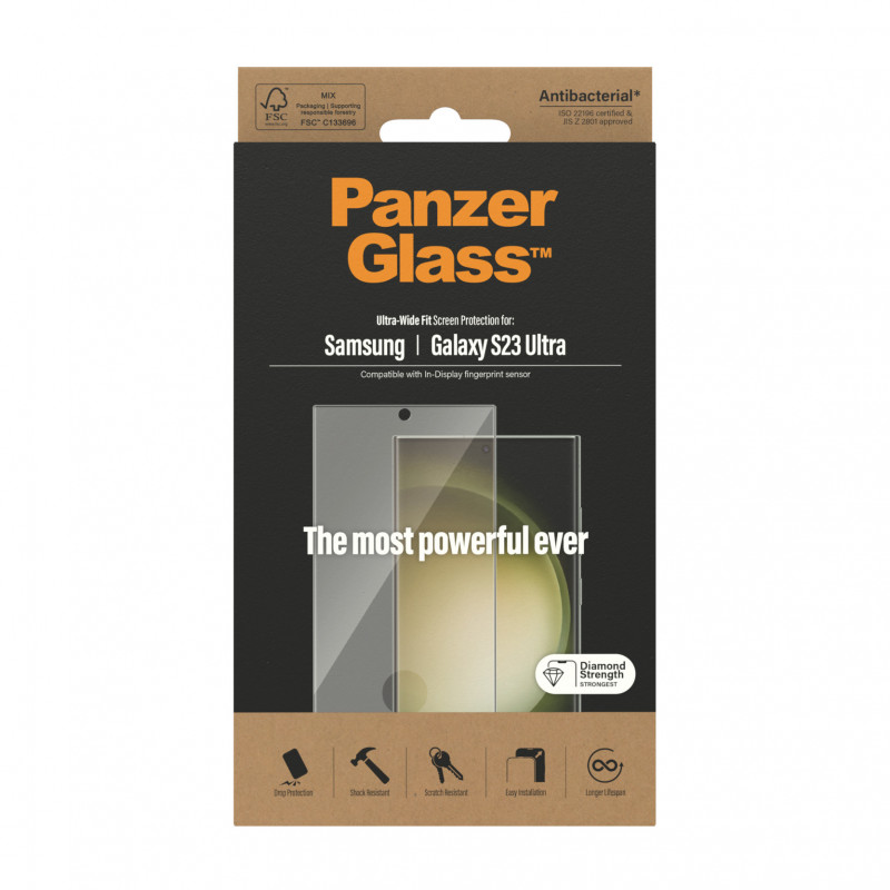 Стъклен протектор PanzerGlass за Samsung Galaxy S23 Ultra FingerPrint, CaseFriendly, AntiBacterial - Черен