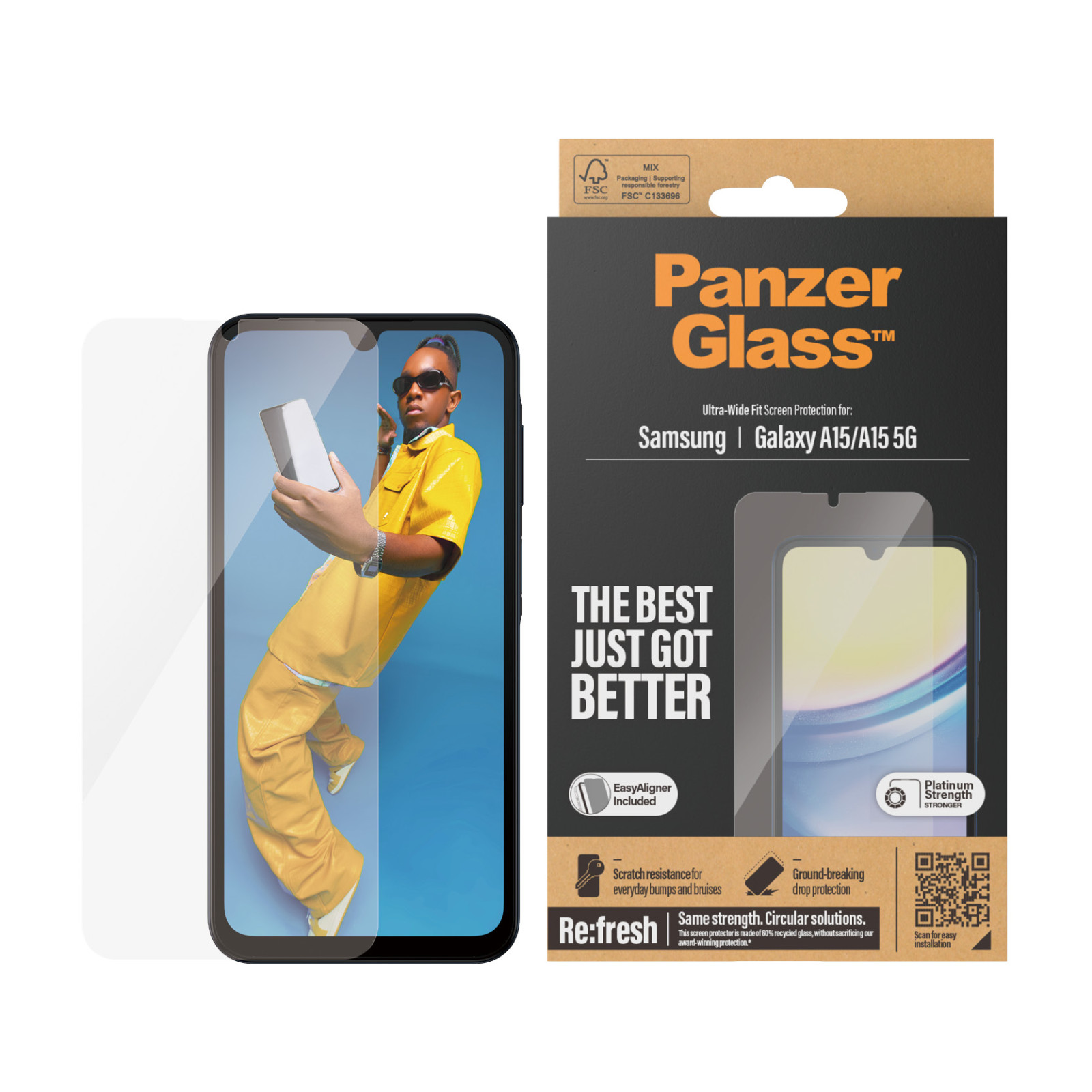 Стъклен протектор PanzerGlass за Samsung Galaxy A15, A15 5G, Recycled, UWF, Черен