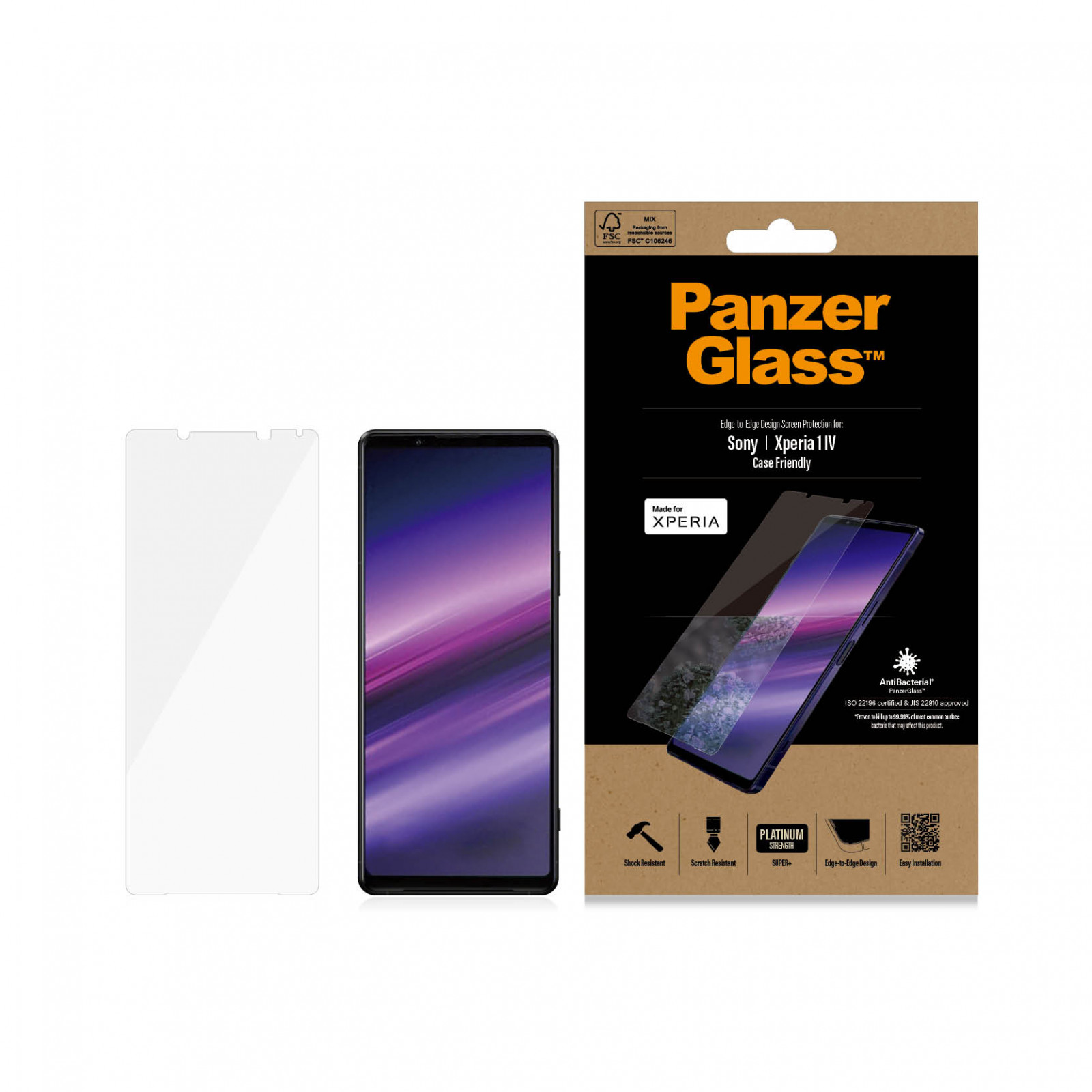 Стъклен протектор PanzerGlass за Sony Xperia 1 lV CaseFriendly, AntiBacterial - Черно