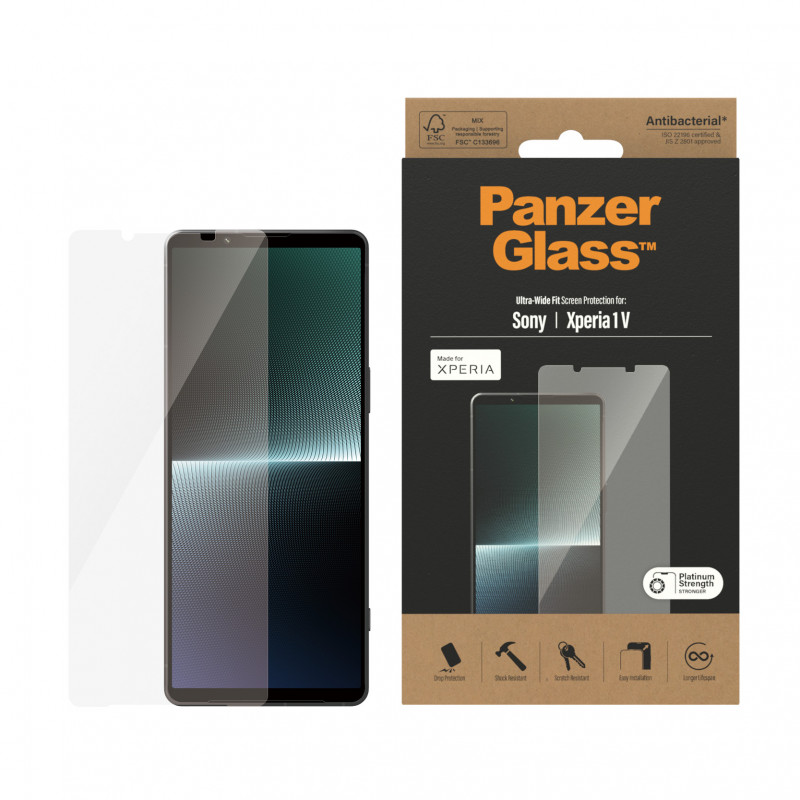 Стъклен протектор PanzerGlass за Sony Xperia 1 V  AntiBacterial, UWF - Черно