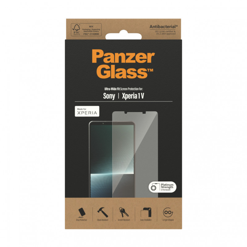 Стъклен протектор PanzerGlass за Sony Xperia 1 V  AntiBacterial, UWF - Черно