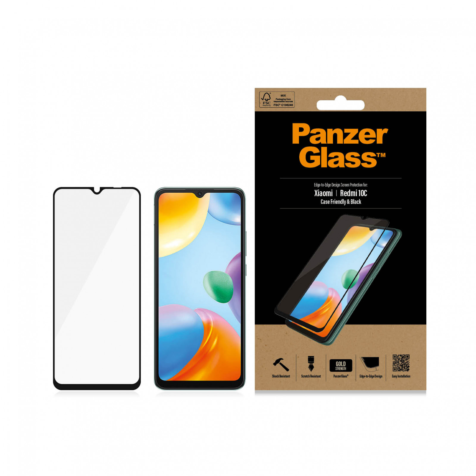 Стъклен протектор PanzerGlass за Xiaomi Redmi 10C , CaseFriendly - Черно