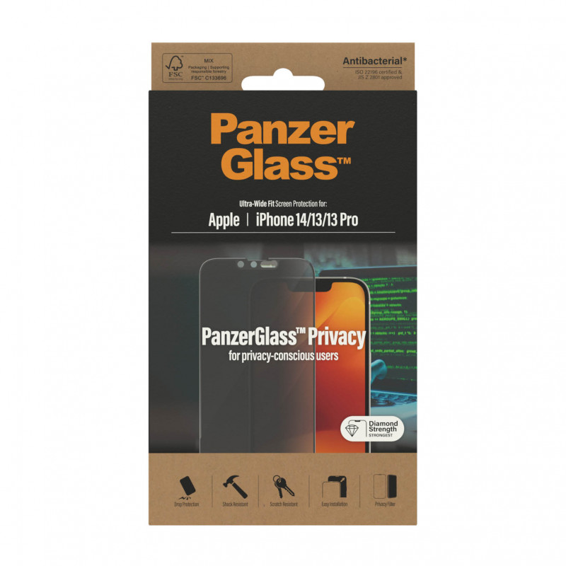 Стъклен протектор PanzerGlass за Apple Iphone 14 / 13/ 13 Pro, UWF, Privacy, Antibacterial - Черен