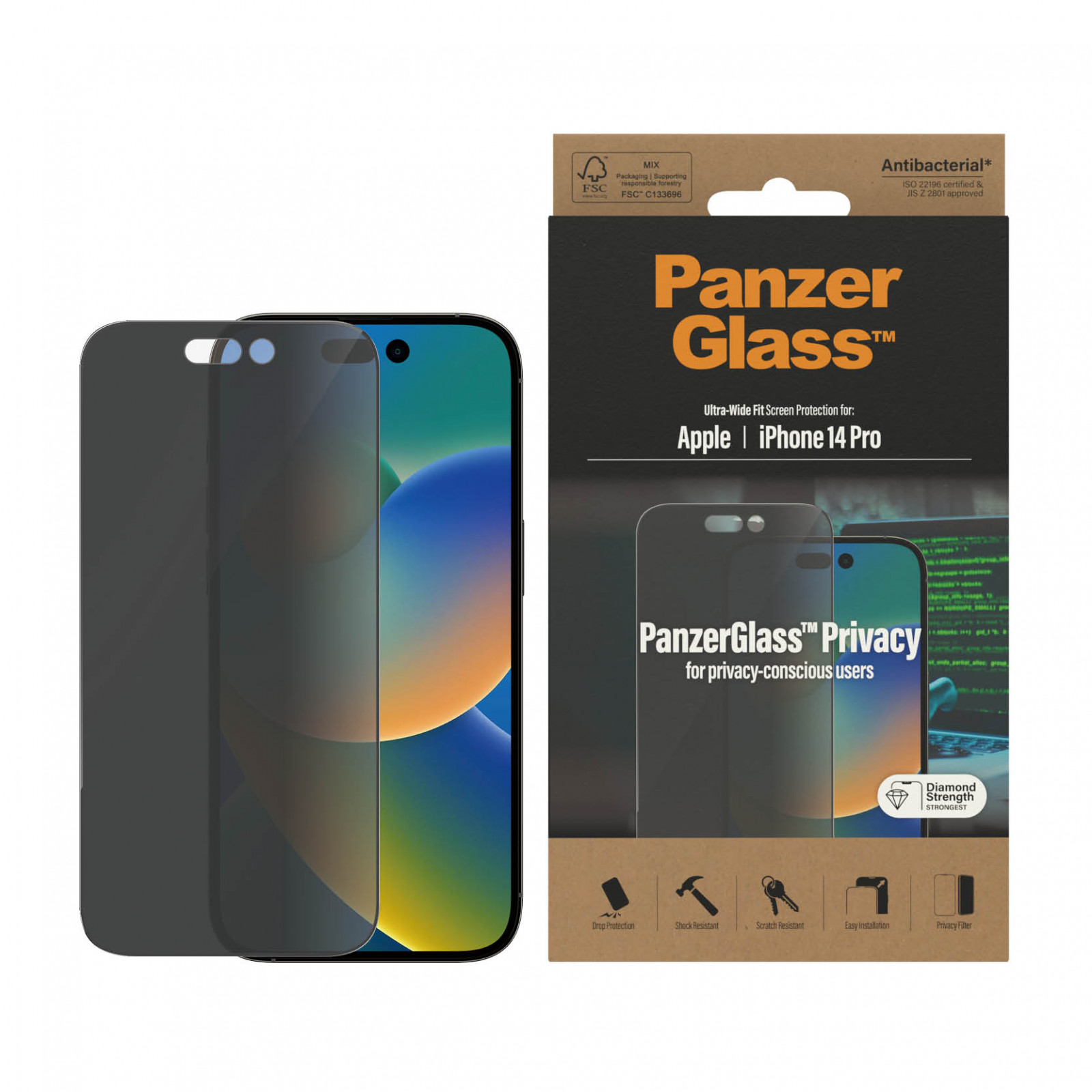 Стъклен протектор PanzerGlass за Apple Iphone 14 Pro, UWF, Privacy, Antibacterial - Черен