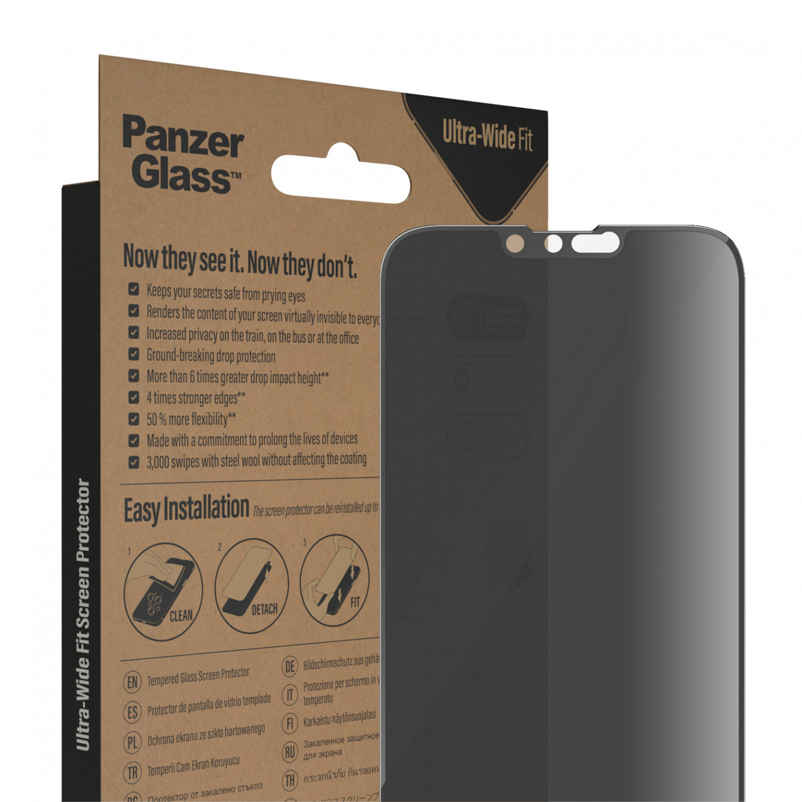 Стъклен протектор PanzerGlass за Apple Iphone 14 Plus / 13 Pro Max, UWF, Privacy, Antibacterial - Черен