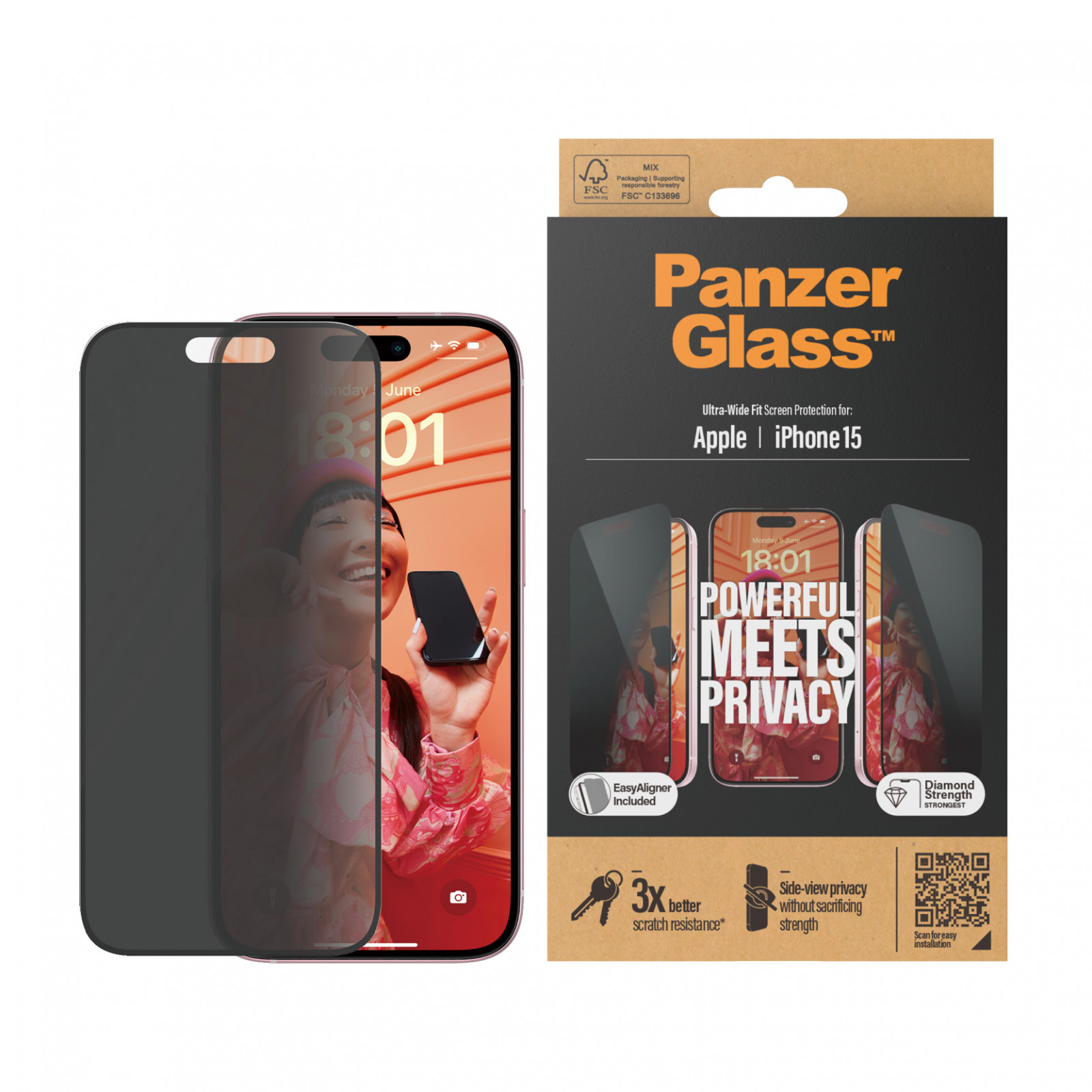 Стъклен протектор PanzerGlass за Apple iPhone 15 , UWF с рамка за инсталация, Privacy, Черен