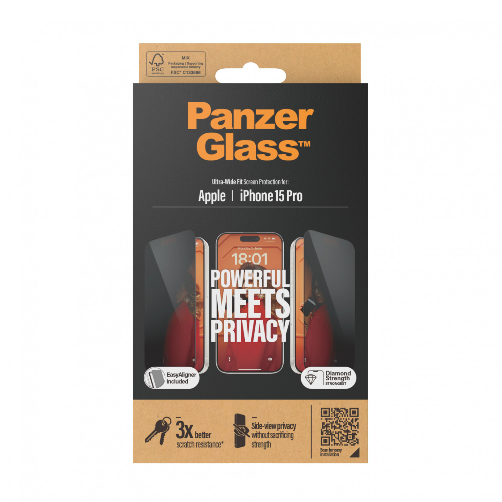 Стъклен протектор PanzerGlass за Apple iPhone 15 Pro, UWF с рамка за инсталация, Privacy, Черен