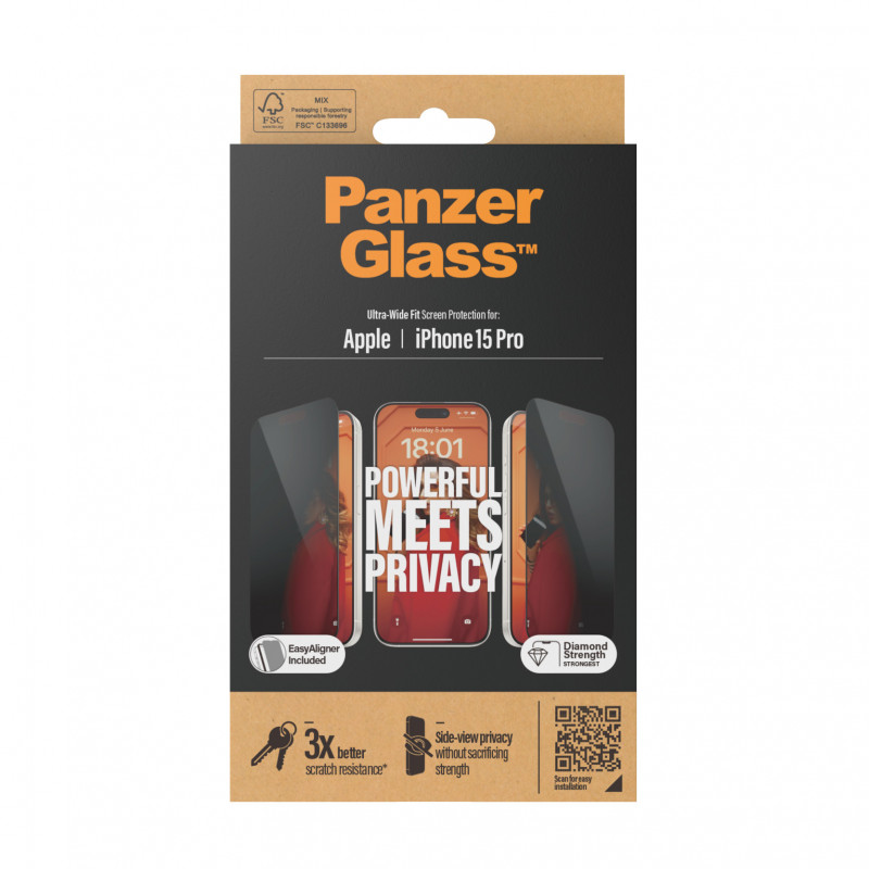 Стъклен протектор PanzerGlass за Apple iPhone 15 Pro, UWF с рамка за инсталация, Privacy, Черен