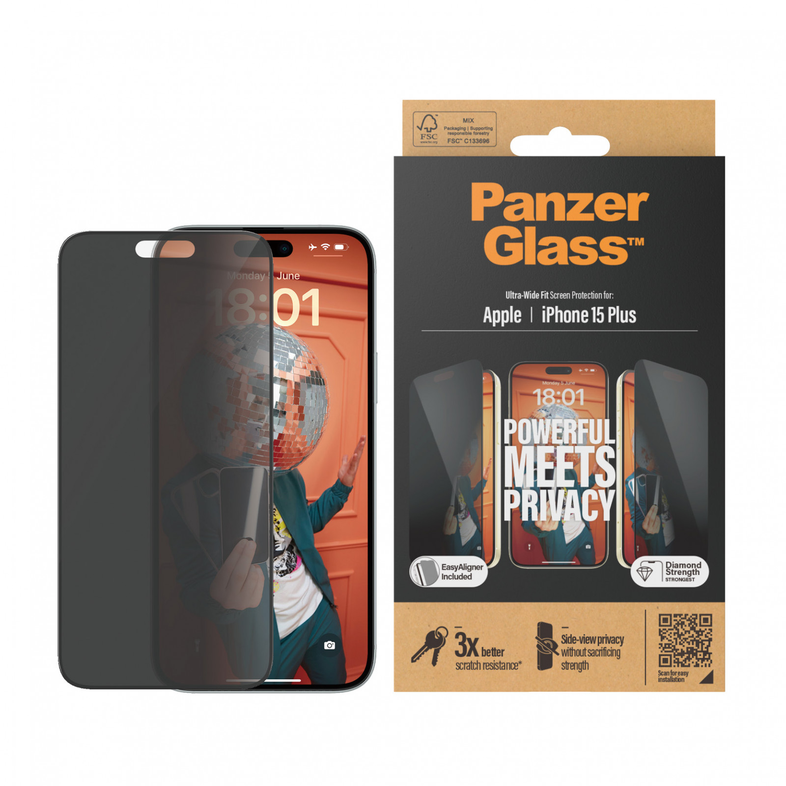 Стъклен протектор PanzerGlass за Apple iPhone 15 Plus, UWF с рамка за инсталация, Privacy, Черен