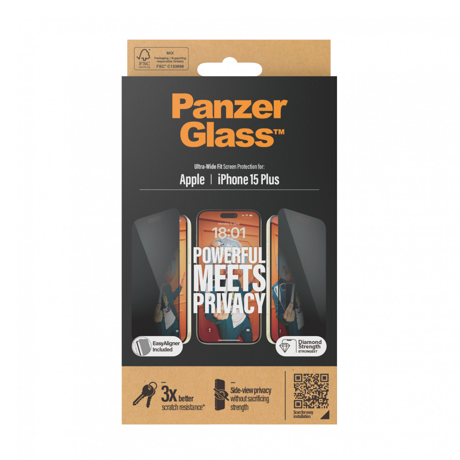 Стъклен протектор PanzerGlass за Apple iPhone 15 Plus, UWF с рамка за инсталация, Privacy, Черен