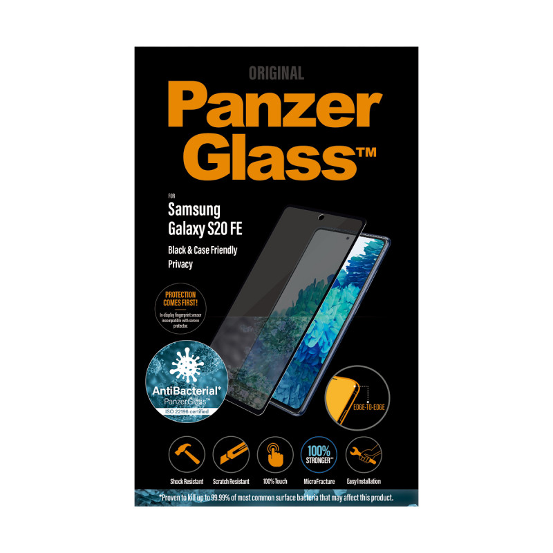 Стъклен протектор PanzerGlass за Samsung Galaxy S20 FE Privacy, AntiBacterial CaseFriendly - Черен