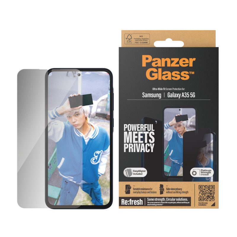 Стъклен протектор PanzerGlass за Samsung Galaxy A35  5G, Privacy, Recycled, UWF, Черен
