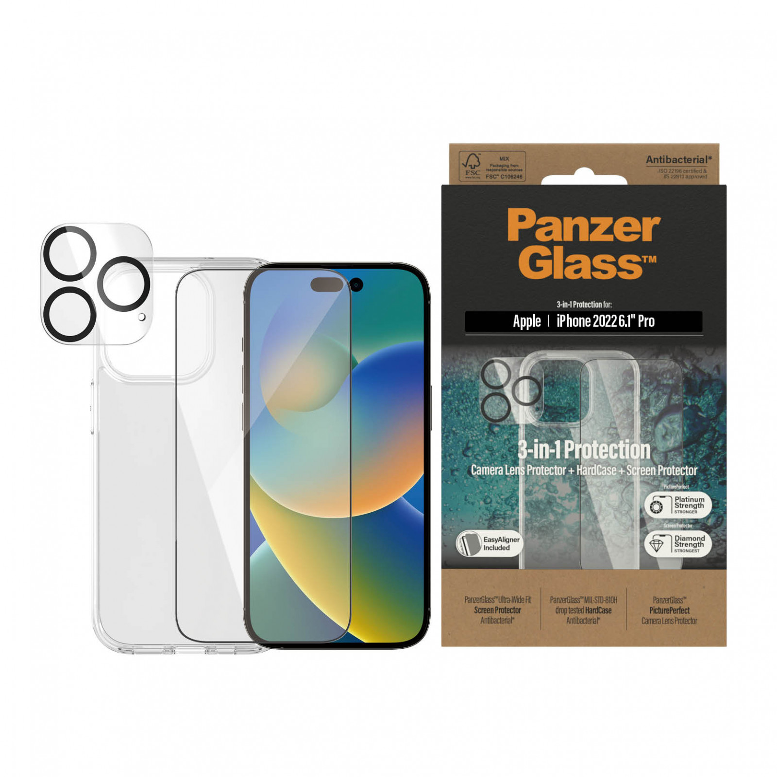 Стъклен протектор PanzerGlass iPhone 14 Pro Bundle (UWF screen protector, HardCase, протектор за камера)