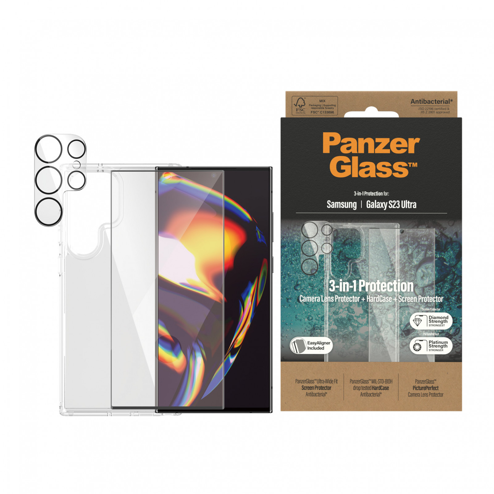 Стъклен протектор PanzerGlass за Samsung S23 Ultra Bundle (UWF screen protector, HardCase, протектор за камера)