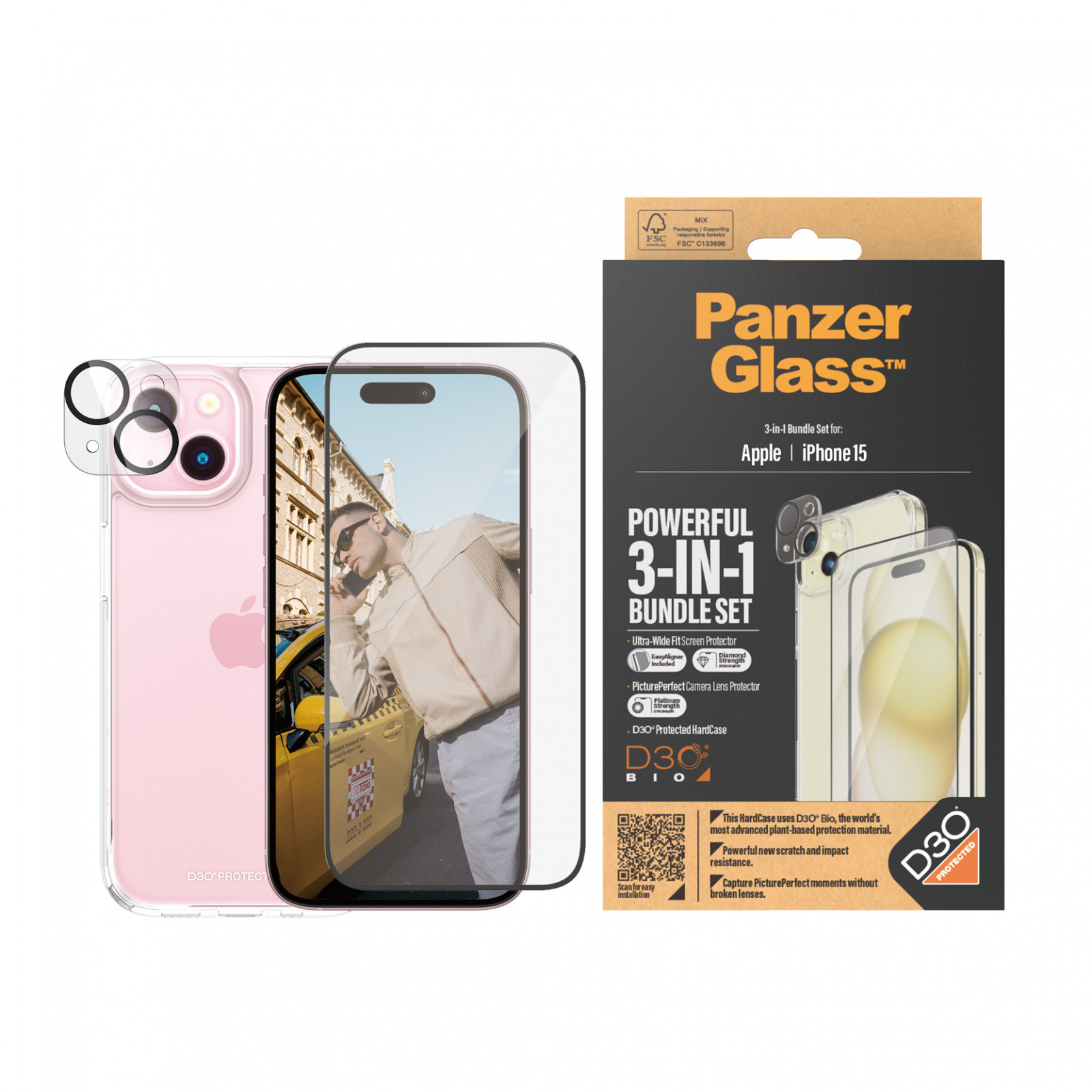 Стъклен протектор PanzerGlass за Apple iPhone 15, 3 в 1, UWF, Bundle, UWF screen protector, HardCase, протектор за камера