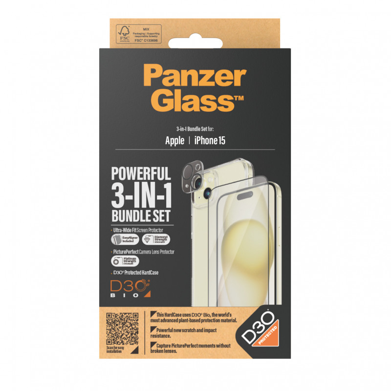 Стъклен протектор PanzerGlass за Apple iPhone 15, 3 в 1, UWF, Bundle, UWF screen protector, HardCase, протектор за камера
