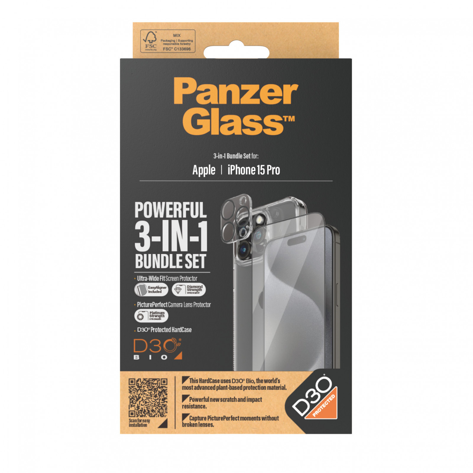 Стъклен протектор PanzerGlass за Apple iPhone 15 Pro, 3 в 1, UWF, Bundle, UWF screen protector, HardCase, протектор за камера