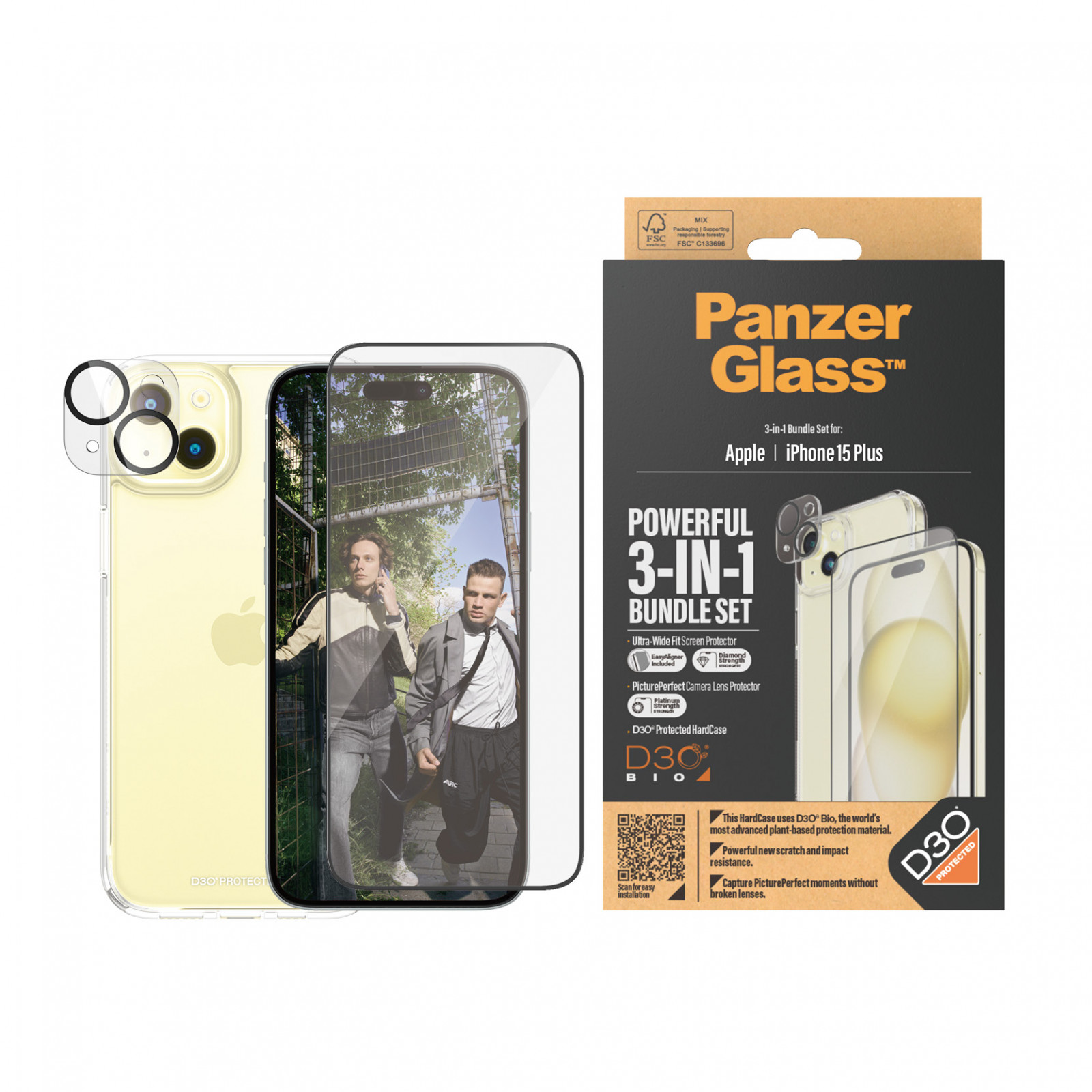 Стъклен протектор PanzerGlass за Apple iPhone 15 Plus, 3 в 1, UWF, Bundle, UWF screen protector, HardCase, протектор за камера