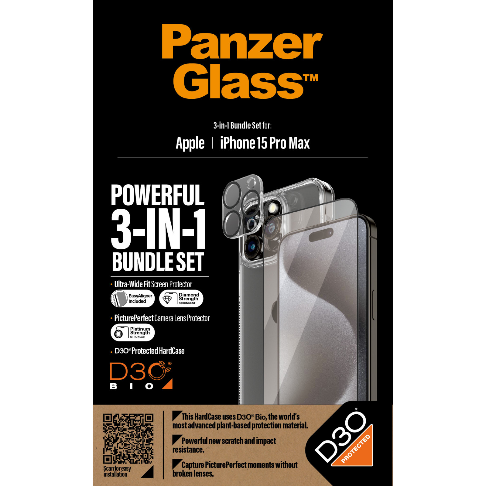 Стъклен протектор PanzerGlass за Apple iPhone 15 Pro Max, 3 в 1, UWF,  Bundle, UWF  screen protector, HardCase, протектор за камера