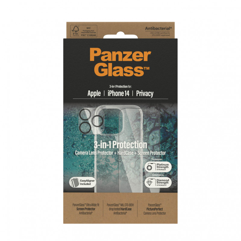 Стъклен протектор Privacy PanzerGlass iPhone 14 Bundle (UWF Privacy screen protector, HardCase, протектор за камера)