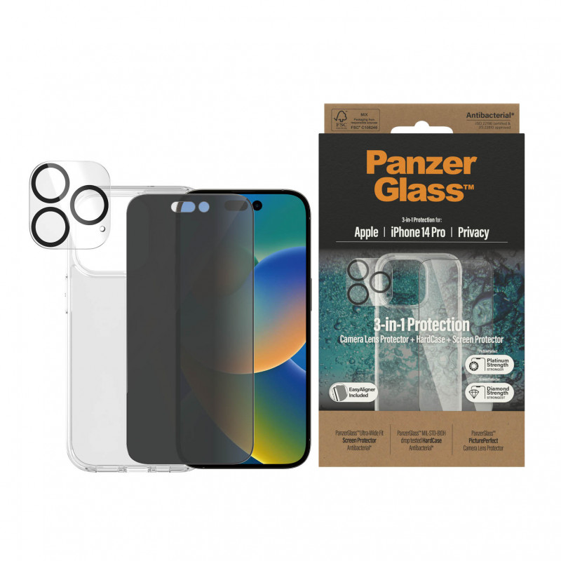 Стъклен протектор Privacy PanzerGlass iPhone 14 Pro Bundle (UWF Privacy screen protector, HardCase, протектор за камера)