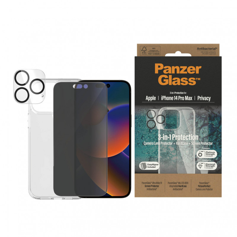 Стъклен протектор Privacy PanzerGlass iPhone 14 Pro Max Bundle (UWF Privacy screen protector, HardCase, протектор за камера)