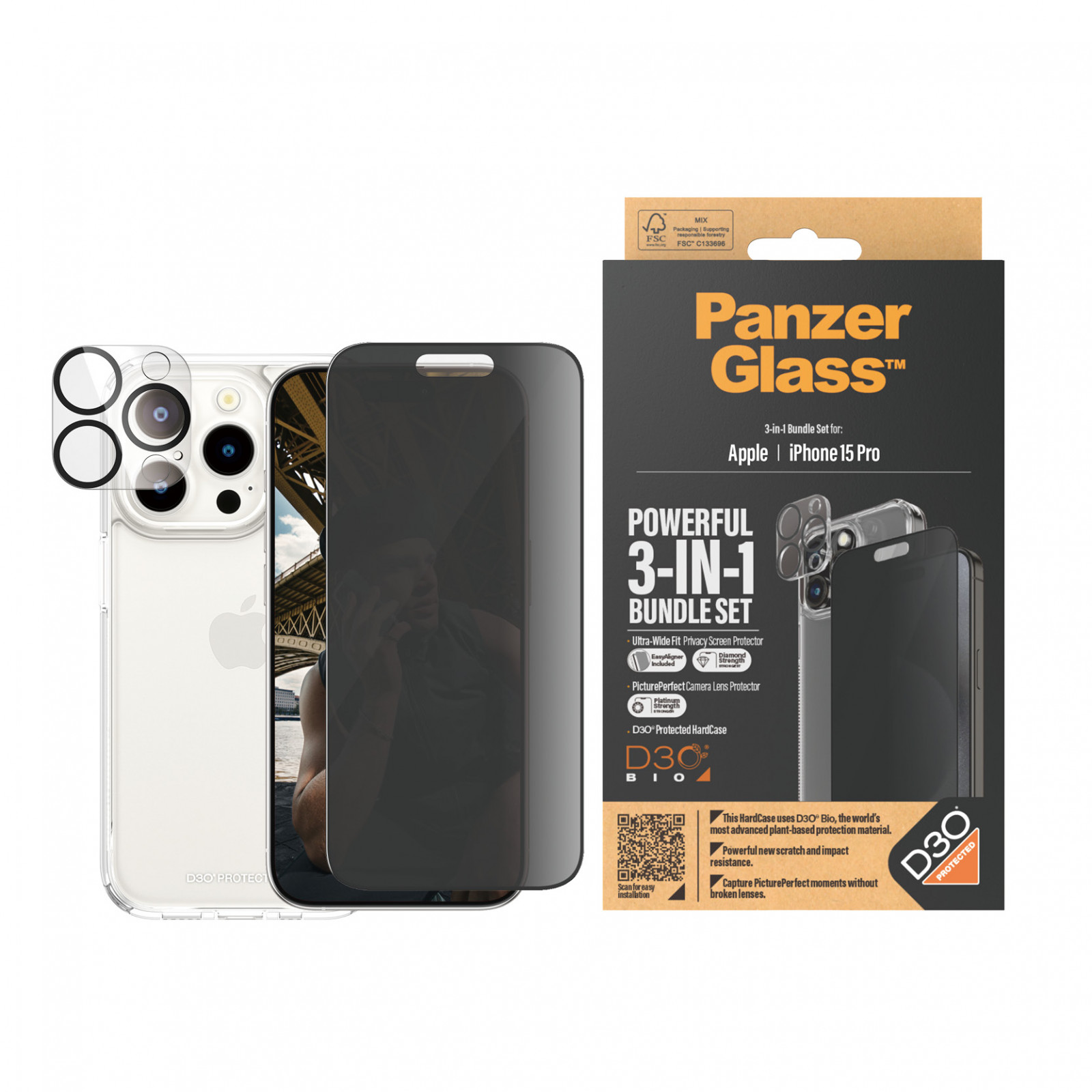 Стъклен протектор PanzerGlass за Apple iPhone 15 Pro, 3 в 1, UWF, Privacy Bundle, UWF Privacy screen protector, HardCase, протектор за камера