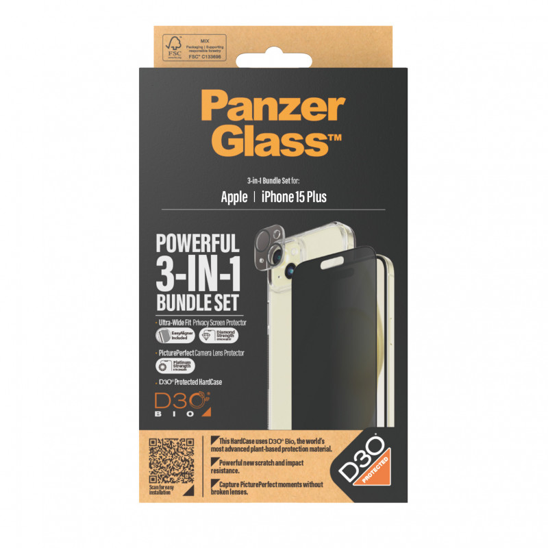 Стъклен протектор PanzerGlass за Apple iPhone 15 Plus, 3 в 1, UWF, Privacy Bundle, UWF Privacy screen protector, HardCase, протектор за камера
