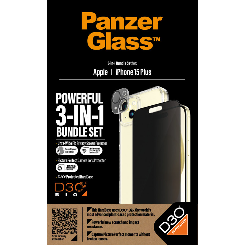 Стъклен протектор PanzerGlass за Apple iPhone 15 Plus, 3 в 1, UWF, Privacy Bundle, UWF Privacy screen protector, HardCase, протектор за камера