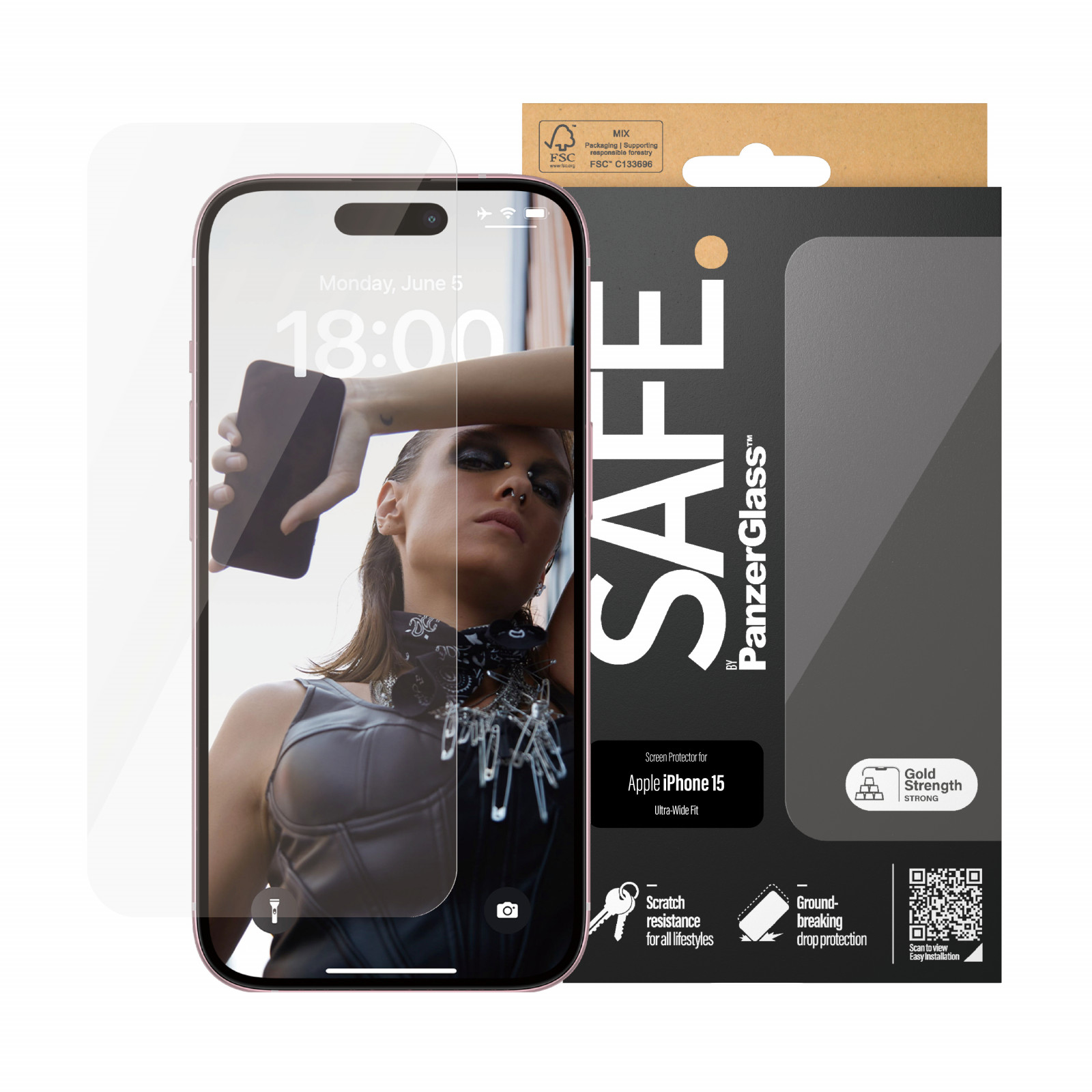 Стъклен протектор Safe  за Apple iPhone 15, UWF, Черен