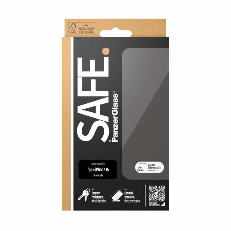 Стъклен протектор Safe  за Apple iPhone 15, UWF, Черен