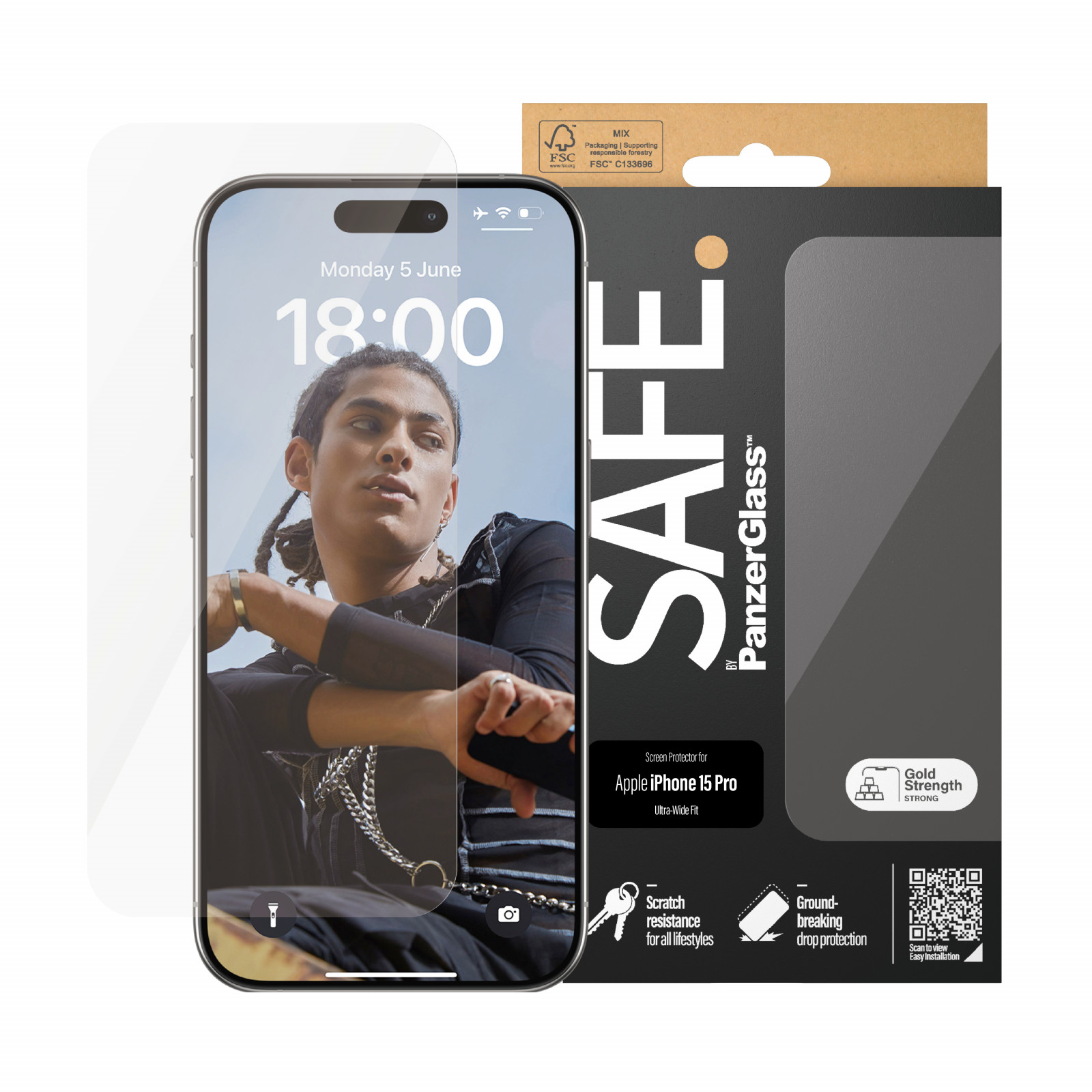 Стъклен протектор Safe за Apple iPhone 15 Pro, UWF, Черен
